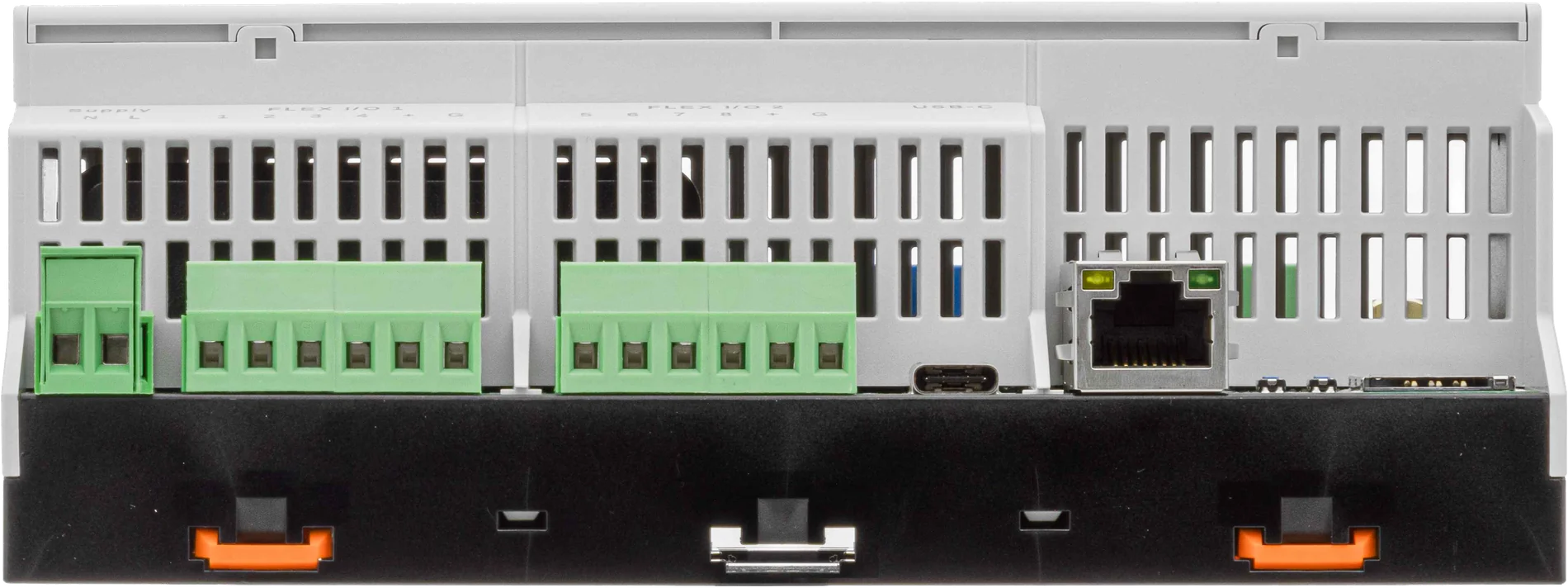 Untere Klemmenreihe des EMU M-Center mit Speisung, zwei Flex-I/O-Blöcken, USB-C-Buchse, Ethernet-Serviceport, Recovery- und Reset-Taste sowie SIM-Karten-Slot