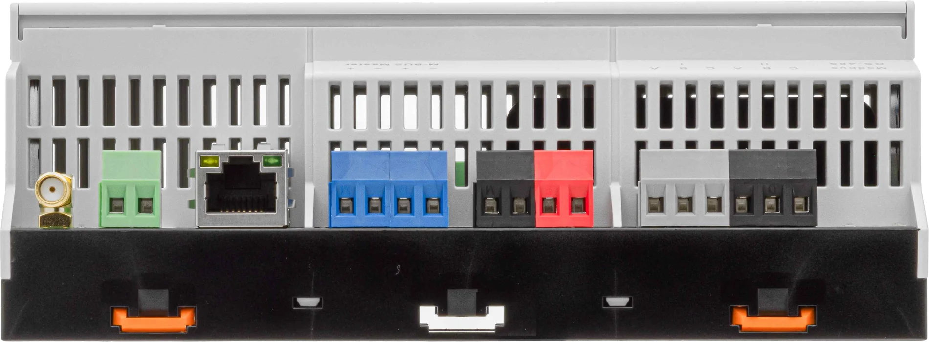 Obere Klemmenreihe des EMU M-Center mit Modbus-RS-485-Klemmen, M-Bus-Sniffer, M-BUS-Master, Ethernet, 24-Volt-Speisung und SMA-Antennenanschluss