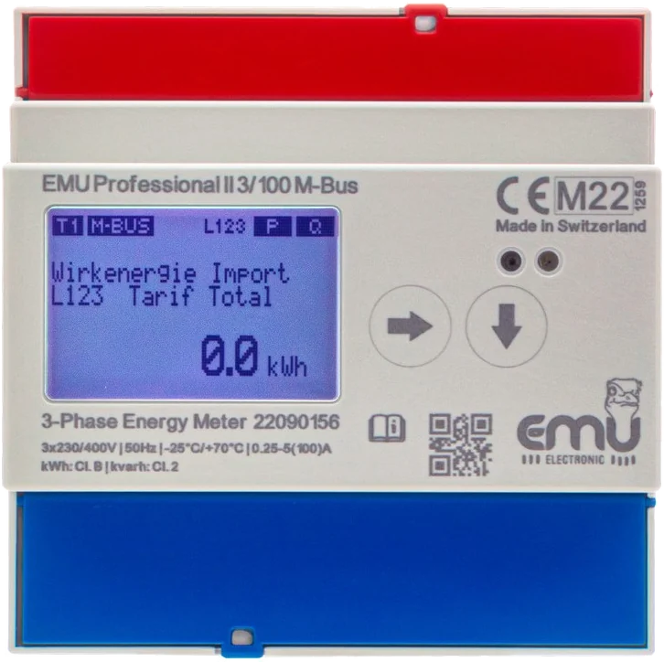 EMU Professional II 3/100 M-Bus, Frontansicht mit Display und M-BUS-Anzeige
